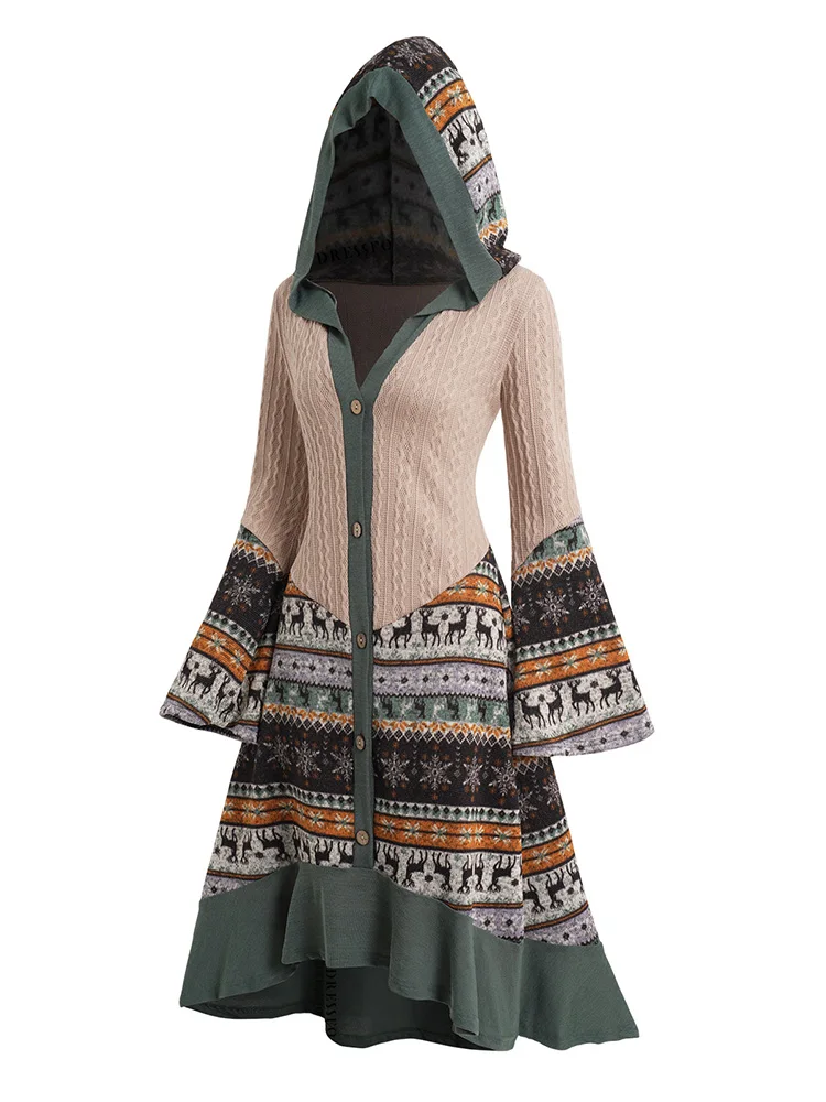 Women Christmas Dresses Elk Snowflake Tribal Pattern Knit High Low Flocking Liner Hooded Dress Button Up Flare Sleeve Midi Dress