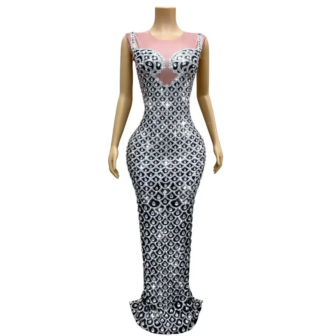 Luxury Sexy Shiny Sleeveless Slimming Elegant Modest Long Evening Dress Women Sparkling Rhinestone Birthday Photo Shoot Dress