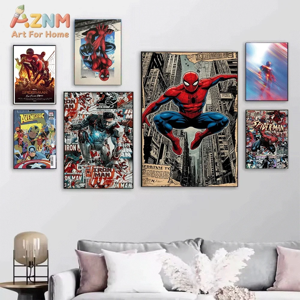 AZNM Iron Man Side Profile Large Text Canvas Wall Print, Superhero Red‑Gold Armor Grunge Splash Effect Comic Graphic Art Poste