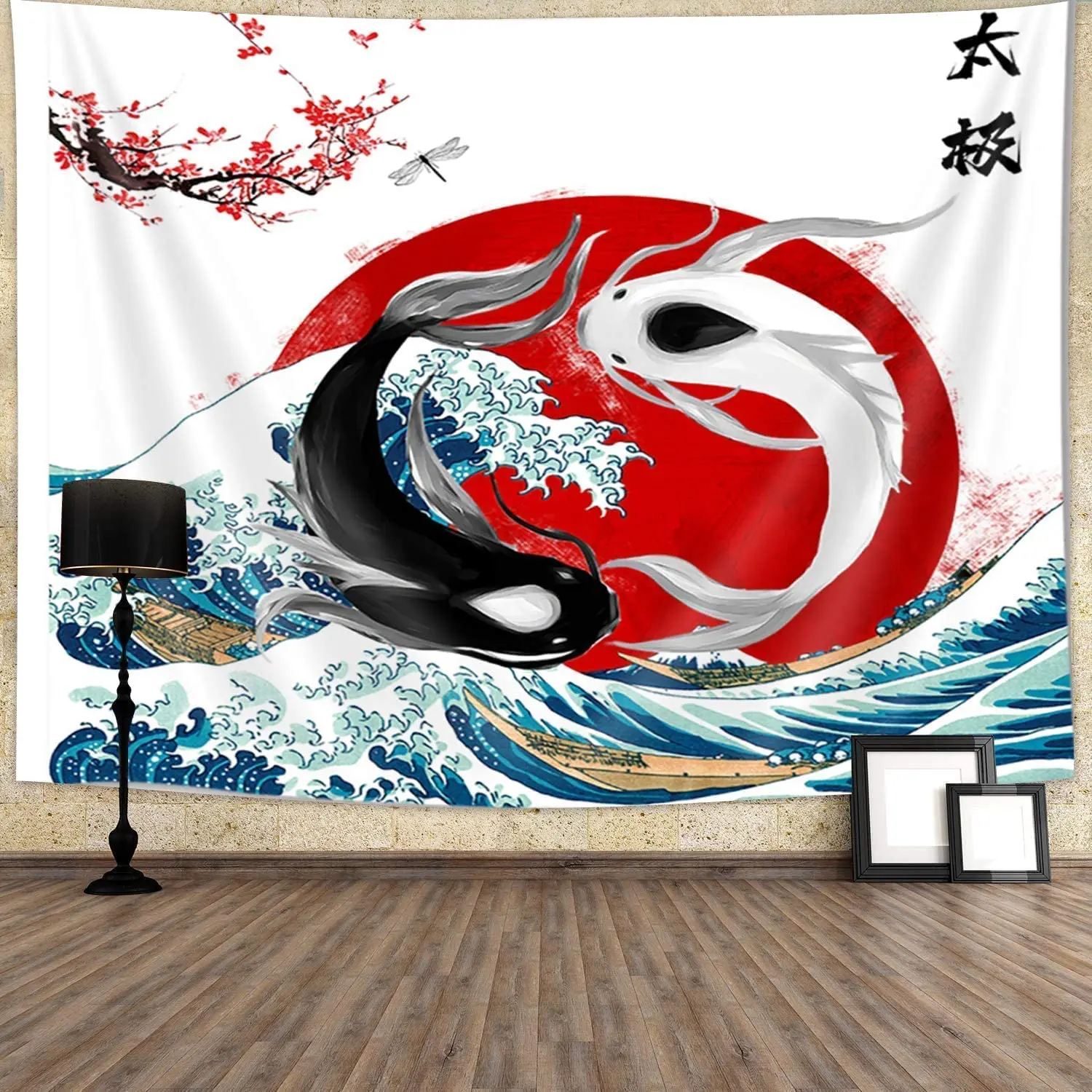 Koi Fish Tapestry Japan Ocean Wave Sakura Wall Hanging Yin Yang Cherry Blossoms Tapestries Home Living Room Wall Blanket Cloth