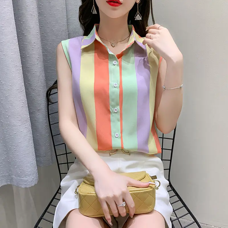 Simplicity Office Lady Summer Women\'s POLO Collar Rainbow Striped Button Patchwork Fashion Loose Sleeveless Chiffon Shirt Tops