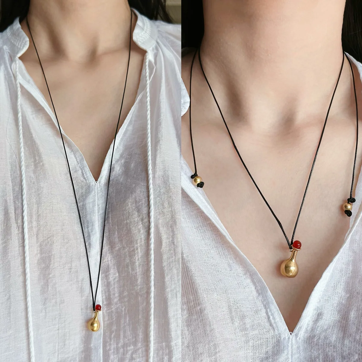 Adjustable Drawstring Flagon Pendant Long Black Leather Cord Necklace For Men And Women M268