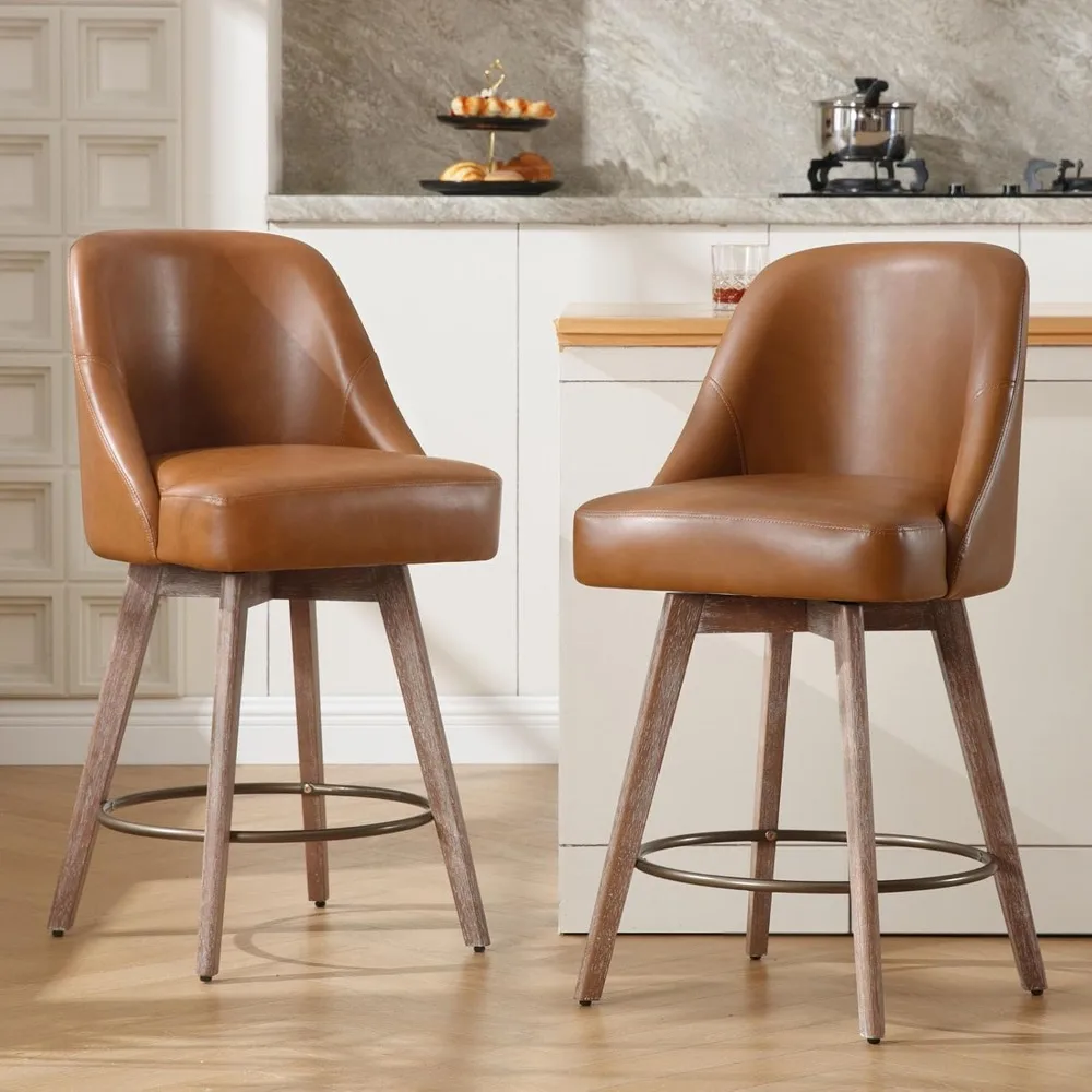 Counter Height Bar Stools Set of 2, Mid-Century Swivel Bar Chairs with Backs and Beech Wood Legs, 26 Inch Seat Height