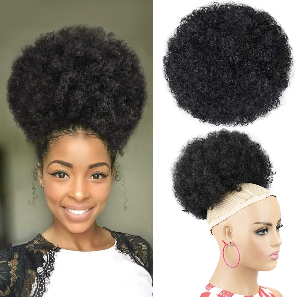 Afro Puff Drawstring Ponytail extensão para mulheres negras, sintético, extra grande, fofo, Kinky, cabelo encaracolado, Bun Donut, Chignon, 10"