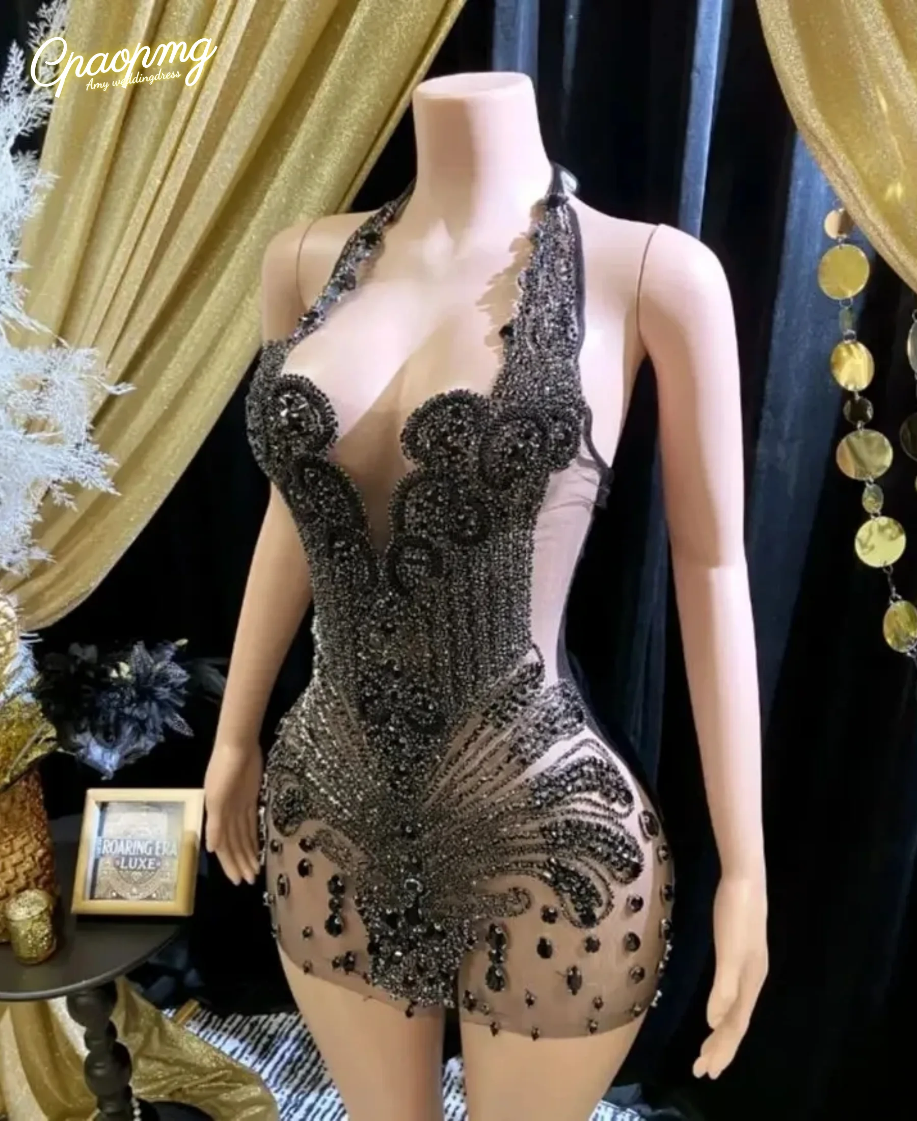 

Индивидуальное короткое золотое платье для выпускного вечера с блестками, стразами и бусинами, на бретельках, для выпускного, дня рождения, коктейльного вечера