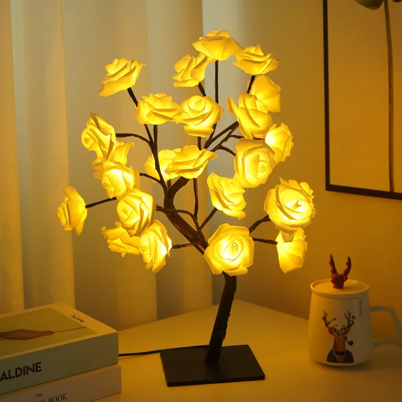 24LED Table Lamp Rose Flower Tree USB Night Lights Christmas Decoration Gift for Kids Room Rose Flower Lighting Home Decoration