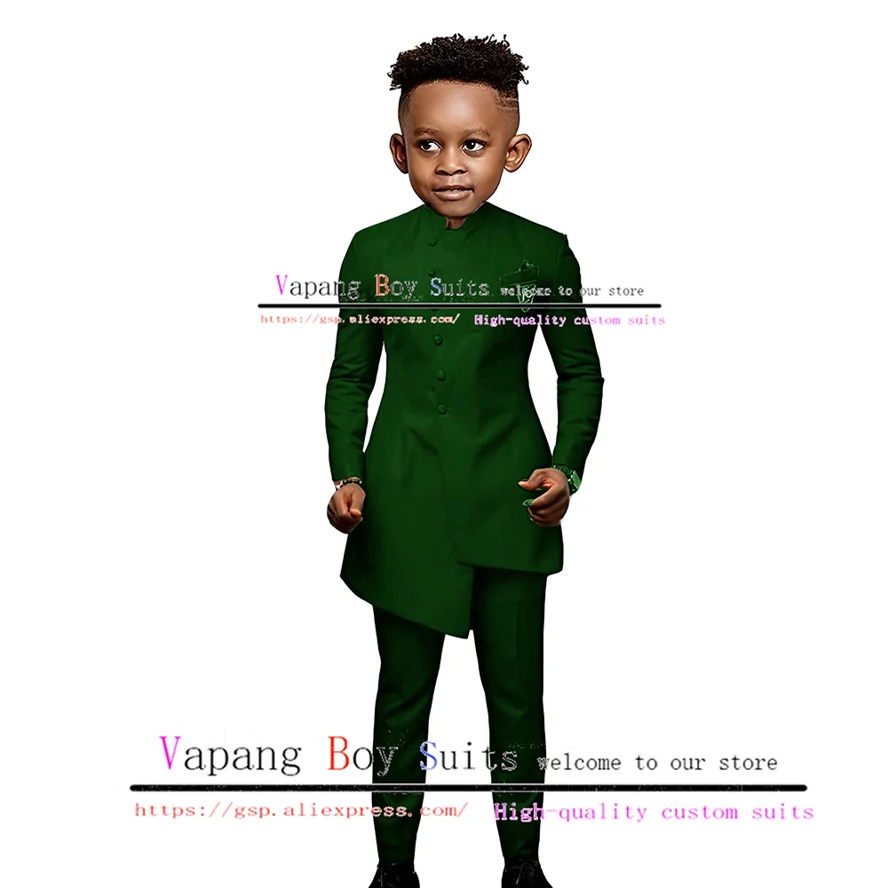 Dark Green Boys Wedding Suit 2 Pieces Indian Style Jacket Pants Long Blazer for Kids 2-16 Years Old Slim Fit Clothes