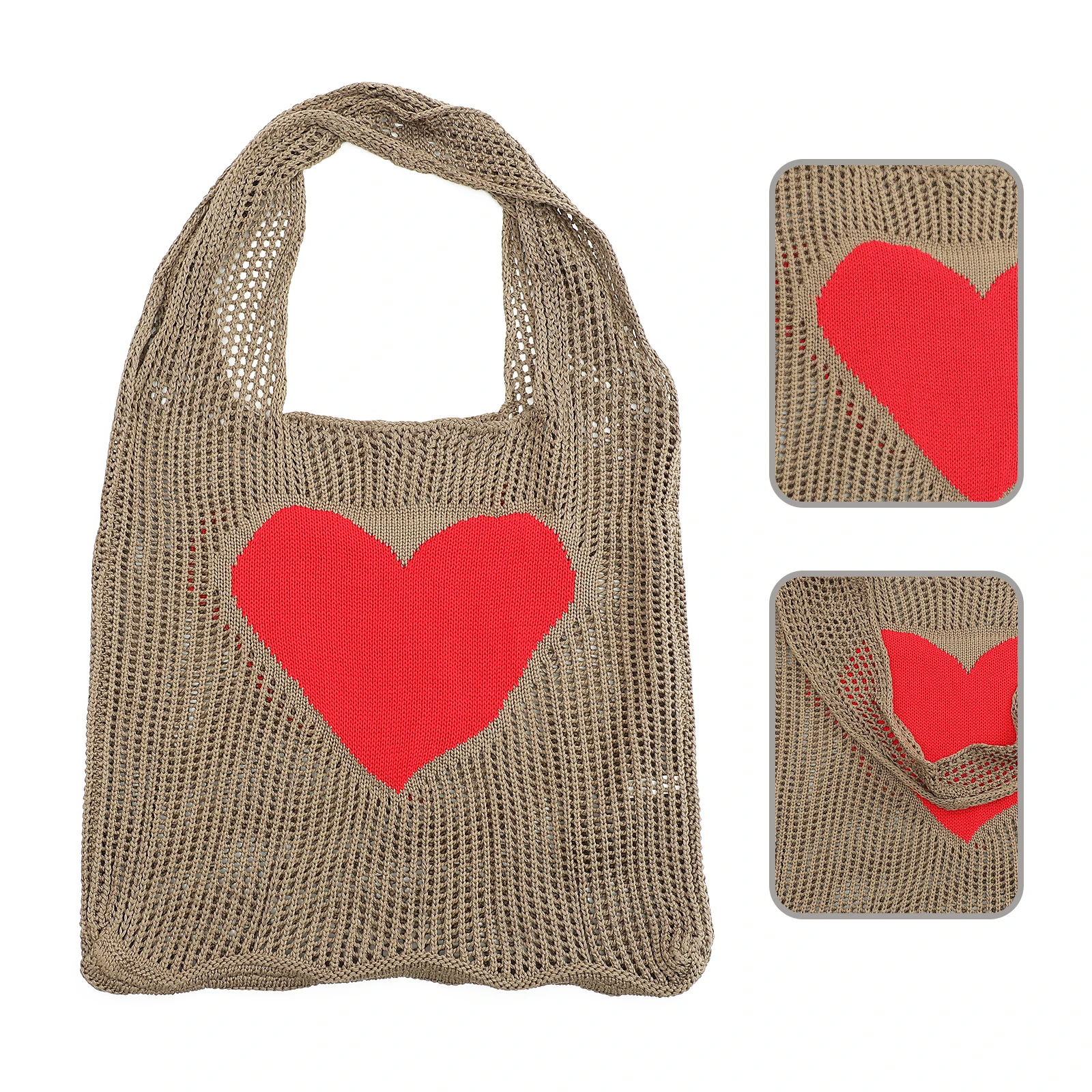 

Foldable Grocery Large Capacity Lightweight Shopping Tote For Travel Daily Use Washable Heart Pattern Knit Mesh Carrying For