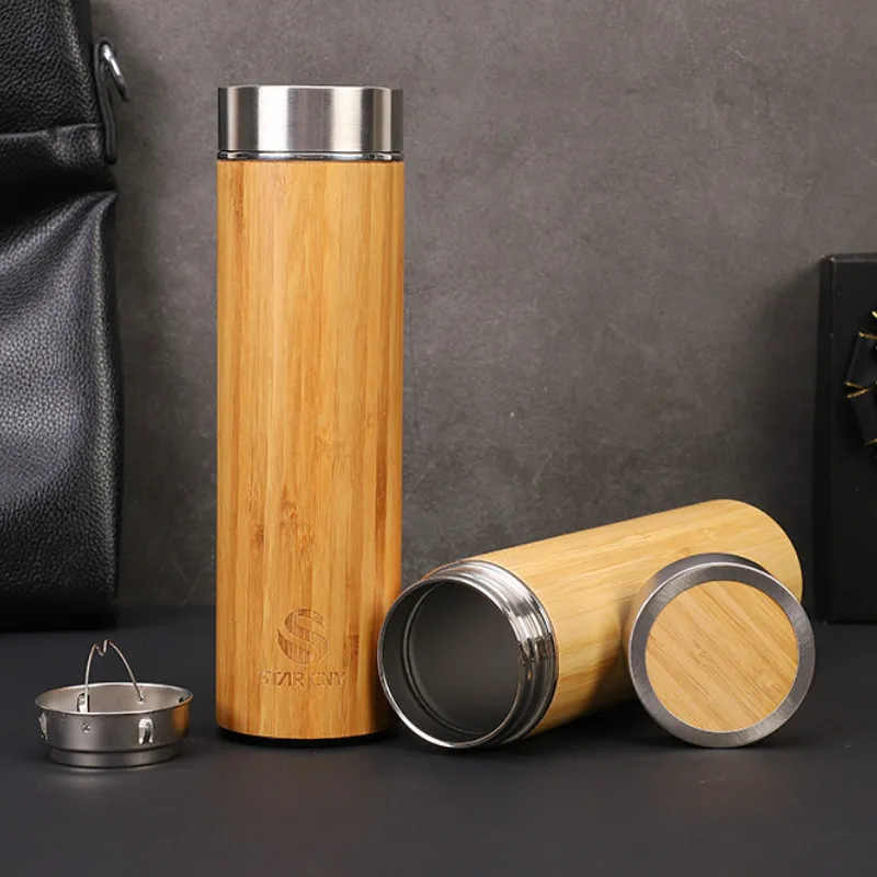 

1PCS Creative 500ml Bamboo Wood Thermos Cup 304 Stainless Steel Morning Water Bottles Wood Grain Bamboo Car Gift Cup