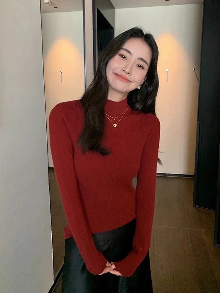 Slim Fit Camere Base irt Women's Overhead Ne Commute Sle Bla Knitted Sweater f High Collar Autumn Winter New Arr...