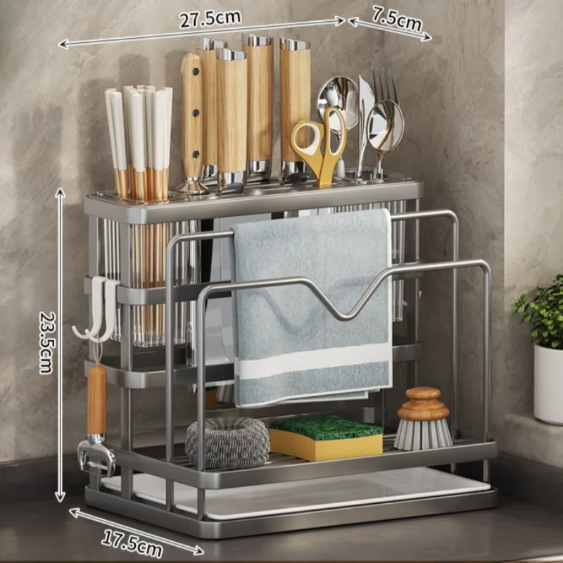 Kitchen Storage Shelf MultiFunction Kitchen Knife Stand Holder Sink Storage Rack Stainless Steel Soap Sponge Holder Towel Rack