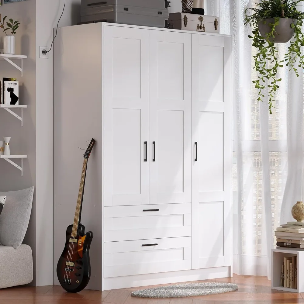 

large white wooden 3-door freestanding wardrobe closet with ample hanging space for bedroom storage