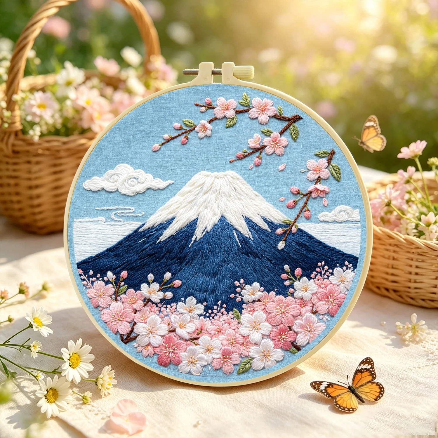 1 Set Kirschblüten-Fuji DIY-Stickerei-Set für Anfänger, Stick-Starter-Kit, Kreuzstich-Kunstgeschenk, Nadelarbeits-Bastelset – Detail 5
