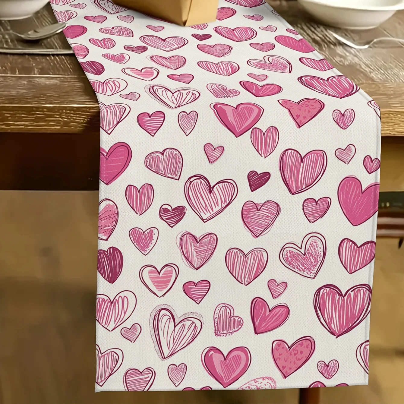 Valentine's Day Table Runner - pink and white winter scene with heart Festivetable decorations