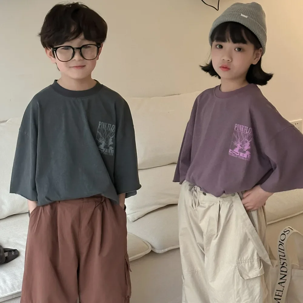 

T-shirt Summer Boys Girls Korean Letter Printing Tops Children Clothing Causal Loose Short Sleeved 2024 Simple Round Collar