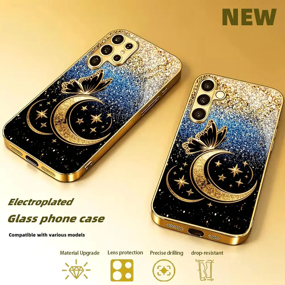 Golden moon butterfly star High-end Glass TPU QHD PhoneCase for Samsung Galaxy S26 S25 S24 S23 S22 FE,Ultra,Plus Dropresistant