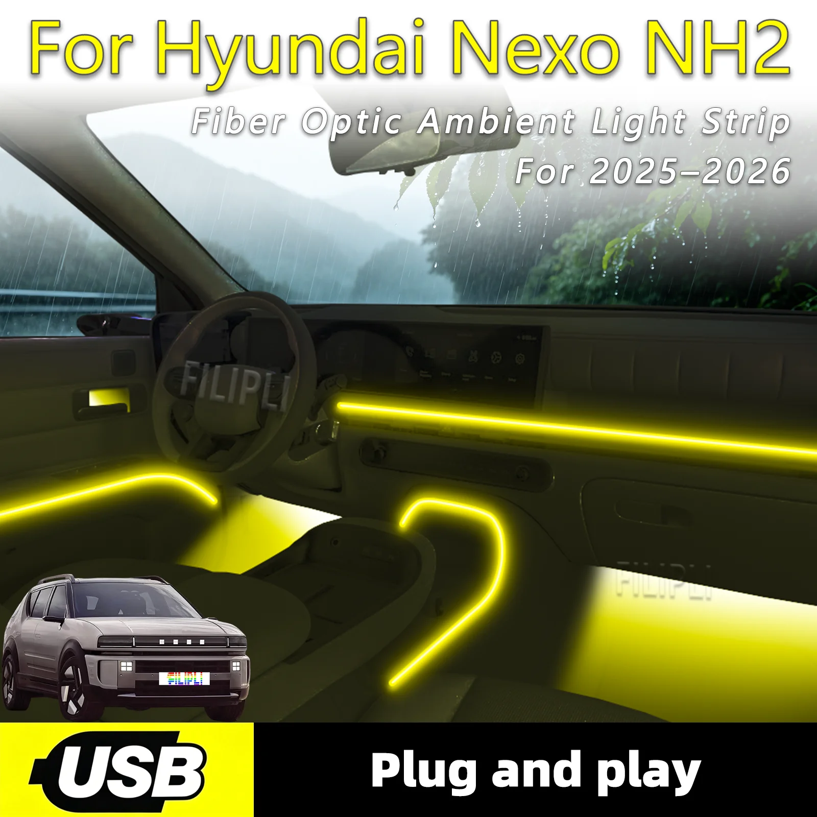 Ambient Lighting Strips For Hyundai Nexo NH2 2025-2026 Year Soft Lighting 6 in1 USB Interface Vehicle Interior Ambient Lighting