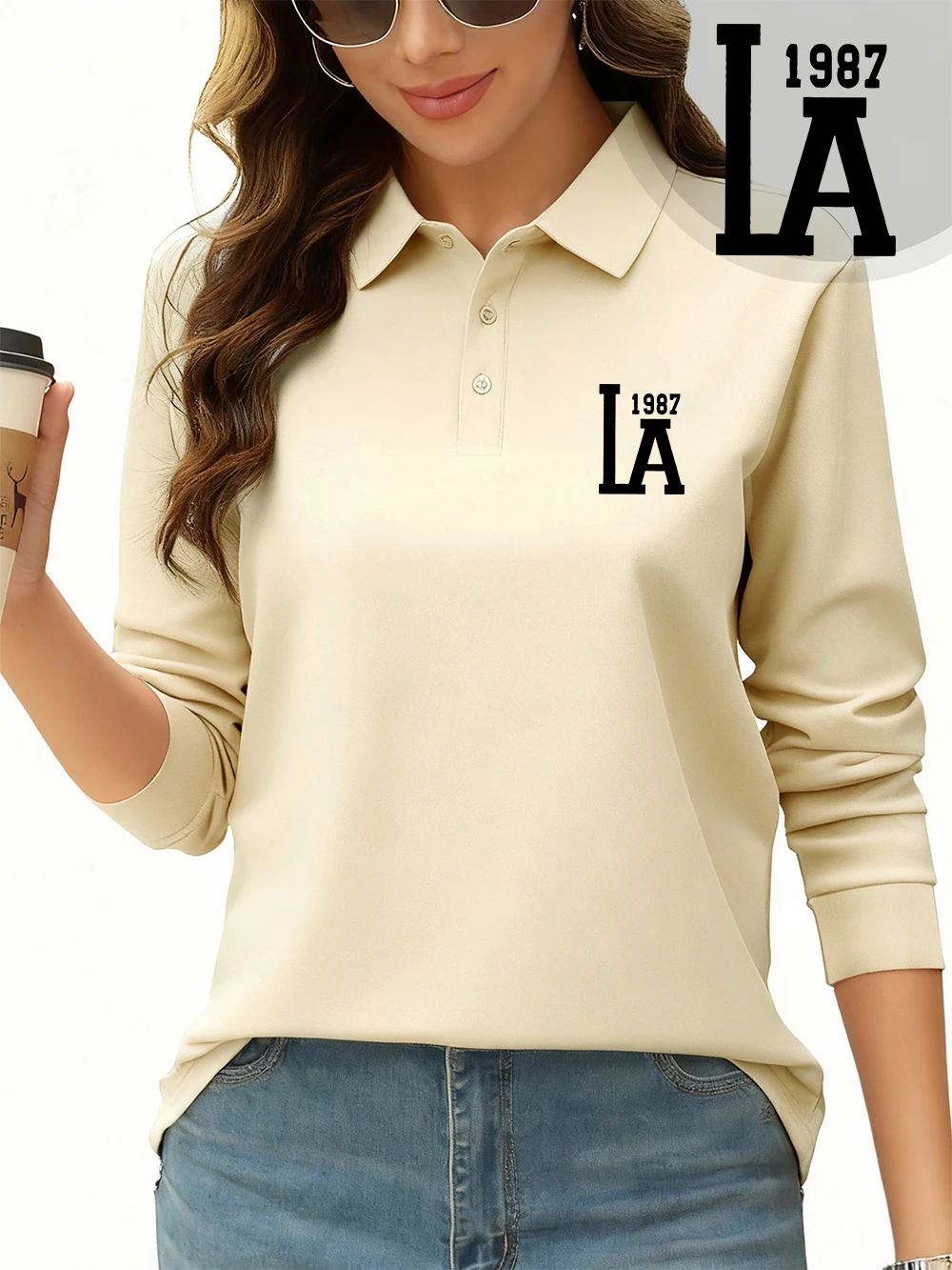

1987 La Printing Polo Shirts Women All Season Breathable Lapel Tops Sporty Long Sleeves T-Shirts Casual Basic Womans Clothes