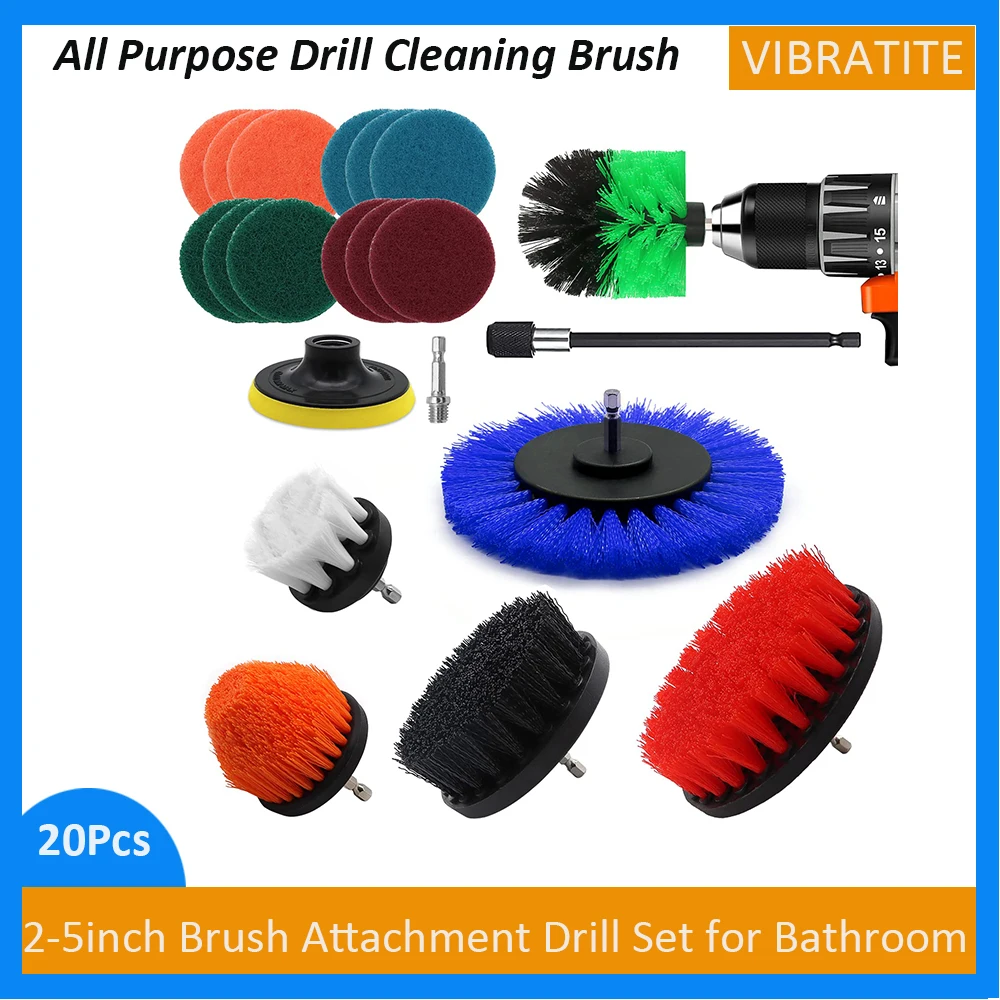 20Pcs Brush Attachment Drill Set with Cordless Screwdriver Brush, Rim Brush, Scrubber Cleaning Kit, Power Scrubber for Bathroom