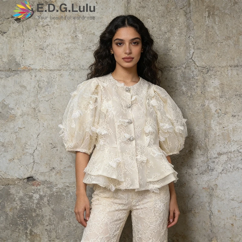 

EDGLuLu 2026 Spring New Hollow Embroidery Lace Floral Top Lady O Neck Puff Sleeve 3d Floral Splice Blouse 0407