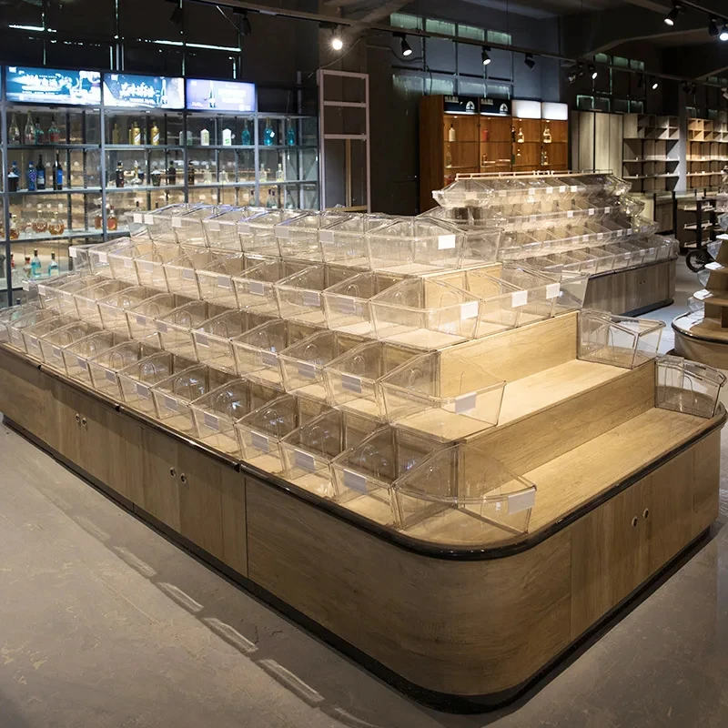 custom.Supermarket Shelf Island Coarse Cereals Dry Container Double-sided Bulk Food Cabinet Four-tier Three-tier Display Cabinet