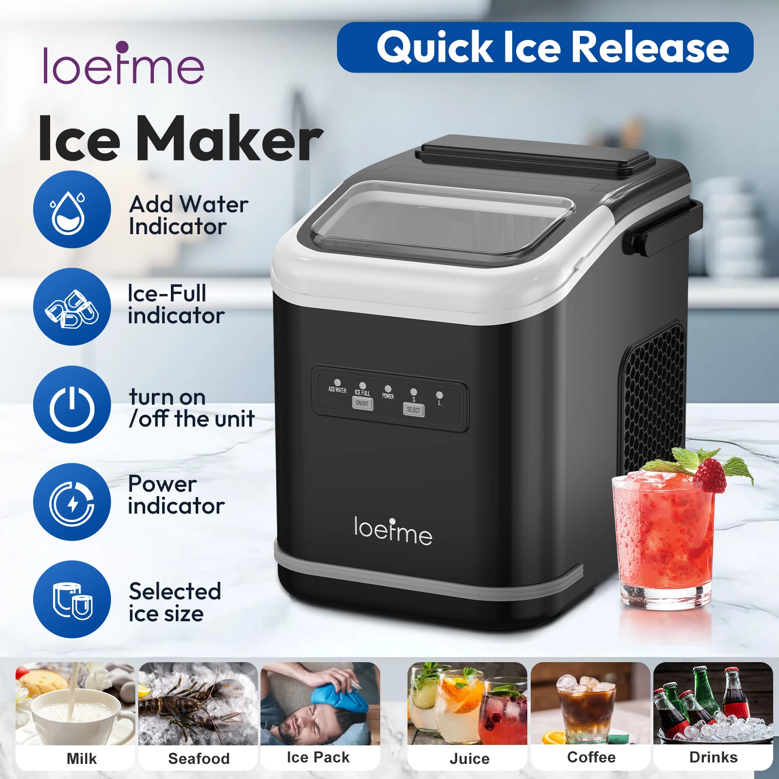 Machine à glaçons portable LOEFME 12kg/24h autonettoyante 1,4L, 2 tailles de glaçons, pour maison, cuisine, fête, camping-car