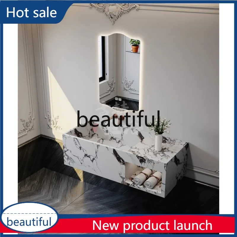 A17 Luxury stone narrow side deep sink wall-mounted marble rock slab hand wash basin bathroom cabinet