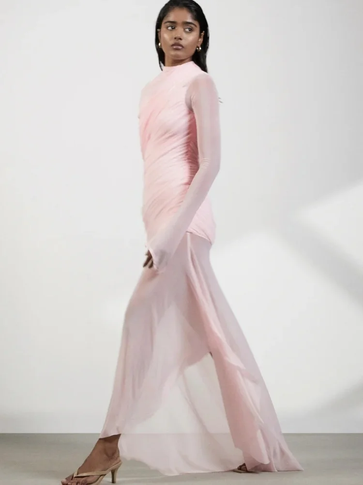 Elegante vestido largo fruncido rosa transparente con mangas largas – Vestido de noche transparente femenino para eventos formales y fiestas nocturnas