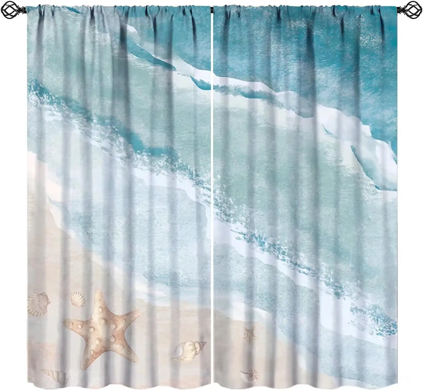 Ocean Beach Curtains, Watercolor Blue Summer Sea Teal Waves Boho Abstract Beachside Landscape Starfish Seashell Window Curtains