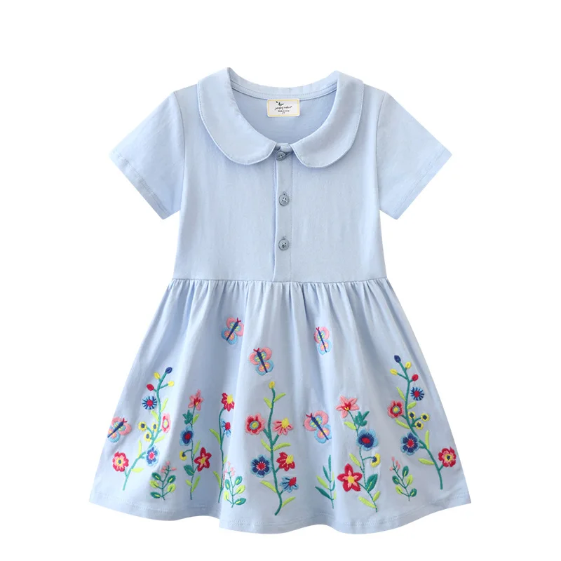 

European And American Style Girls Short Sleeves Dress Summer Children Knitted Cotton Print Skirt Peter pan Collar Princess Dress