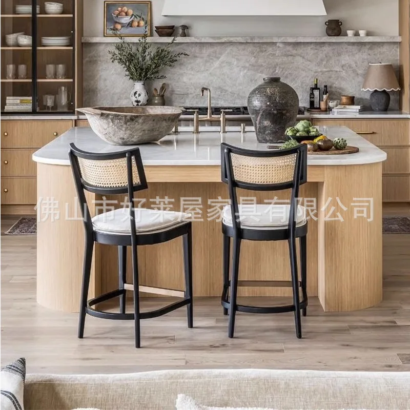 Solid wood rattan bar stool chair cafe bar high backrest solid wood rattan chair indoor rattan chair bar