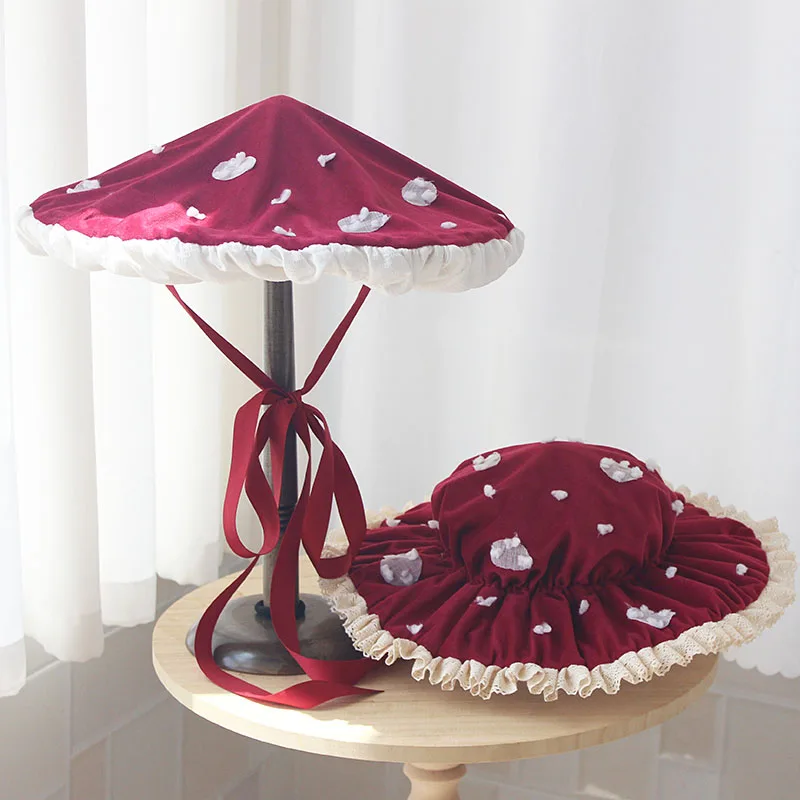 Original design Burgundy umbrella hat bb hat Mushroom cap lolita Children's umbrella mushroom cap Lolita Cosplay Women Girls