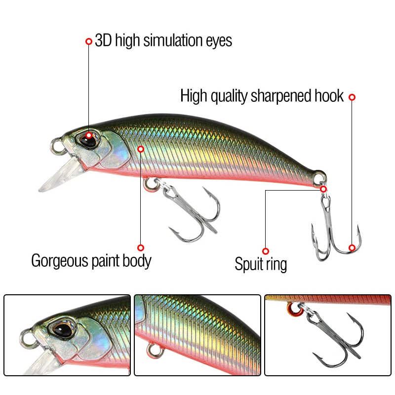 5 Stück/Box Sinking Minnow 3D-Augen Wurfköder Laser Swimbait Forellen-Kunstköder Harter Plastikköder mit 2 Drillingen – Detail 5