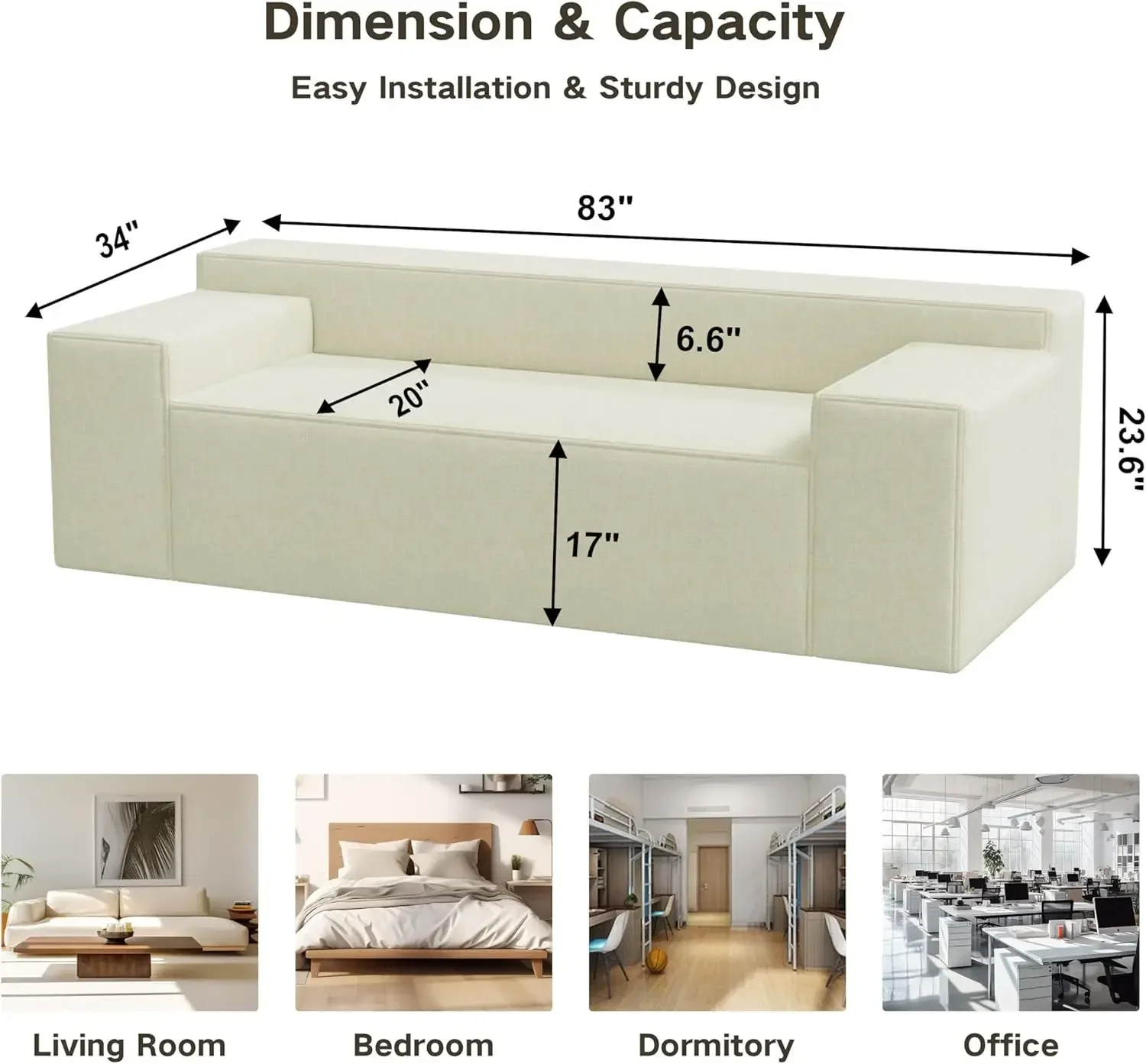 Hybrid Sofa in a Box, No Assembly Required, Comfy Sofa Couch with 3 Matching Pillows, Cat-Scratch Resistant Linen, Couch for Liv