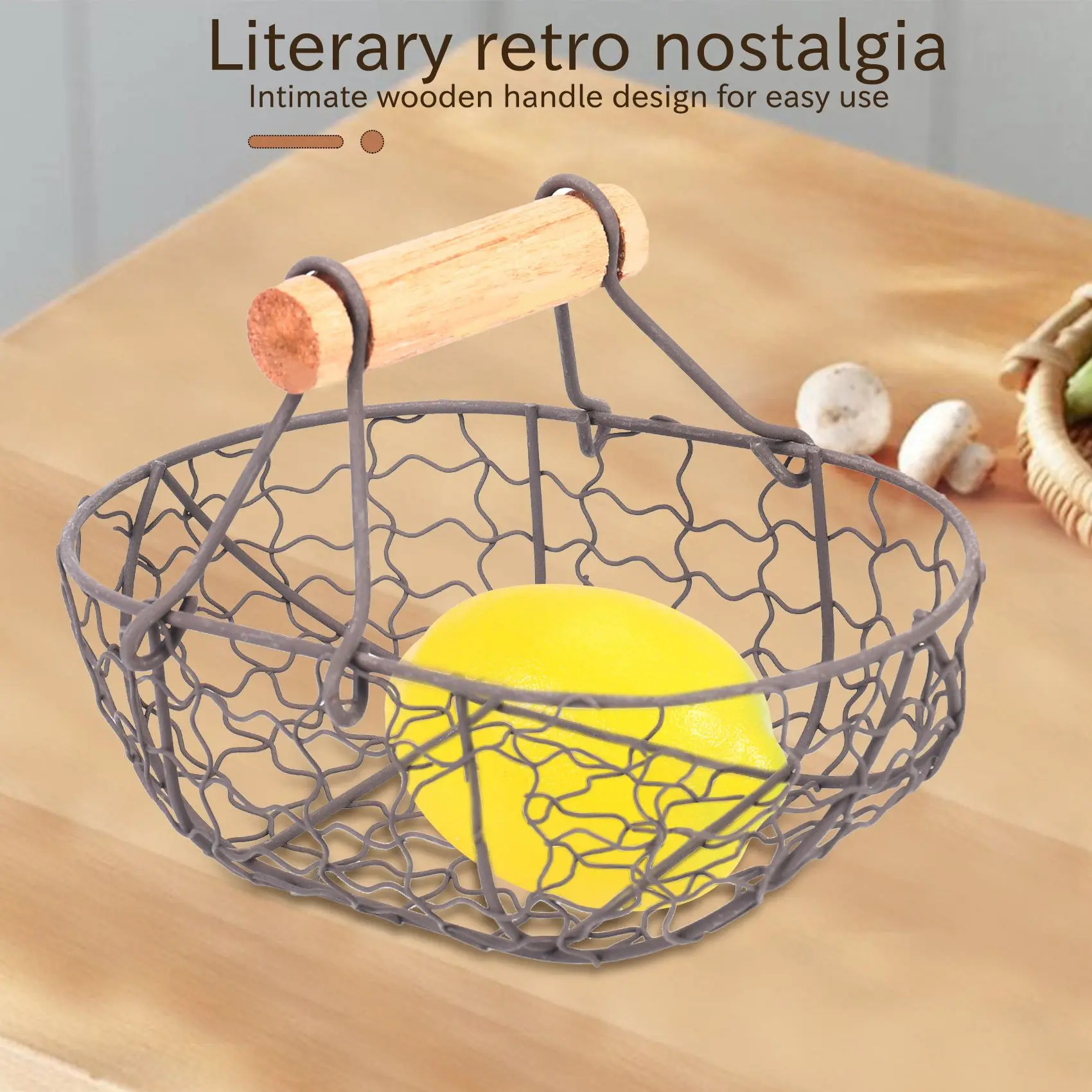 Mir rétro en métal avec manche en bois, panier de rangement portable, multifonction, légumes, fruits, œufs, épicerie, pratique, EvaluBlack