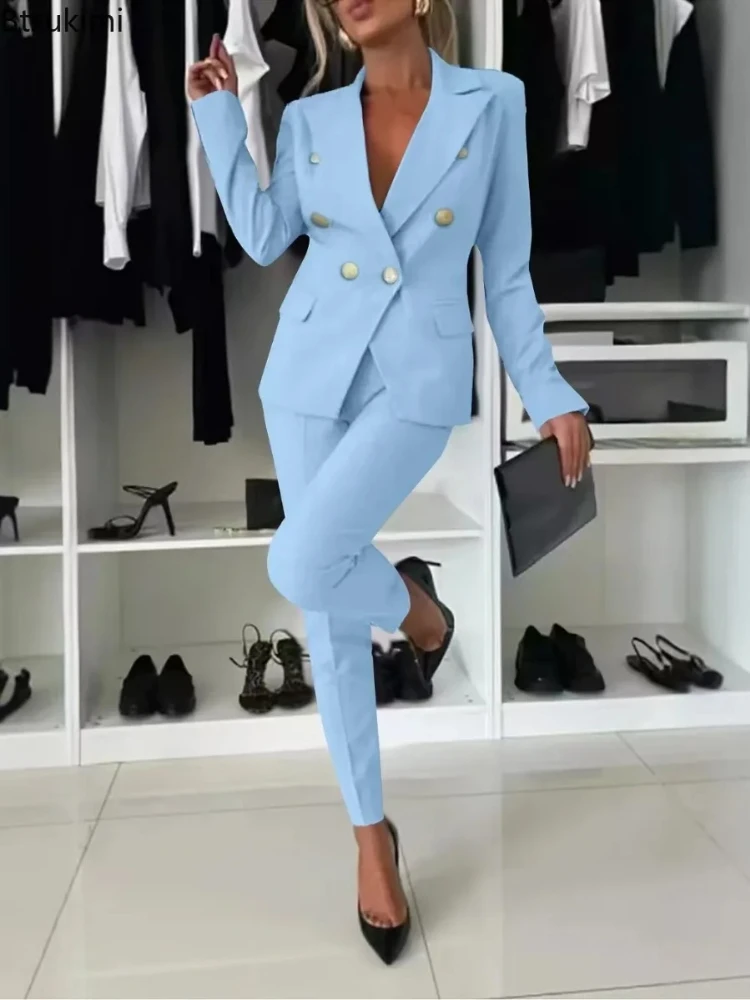 

2026 Women's Lapel Button Coat Jacket + Pencil Pants Suit Elegant Business Office 2PCS Set Female Slim Blazer Outfits Sets