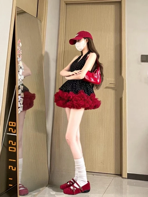 Romantic Date Set Skirt No Sleeve Polka Dot Top Super White Red Puffy Skirt Stylish Two Piece Set Women's Fashion Summer Outfit