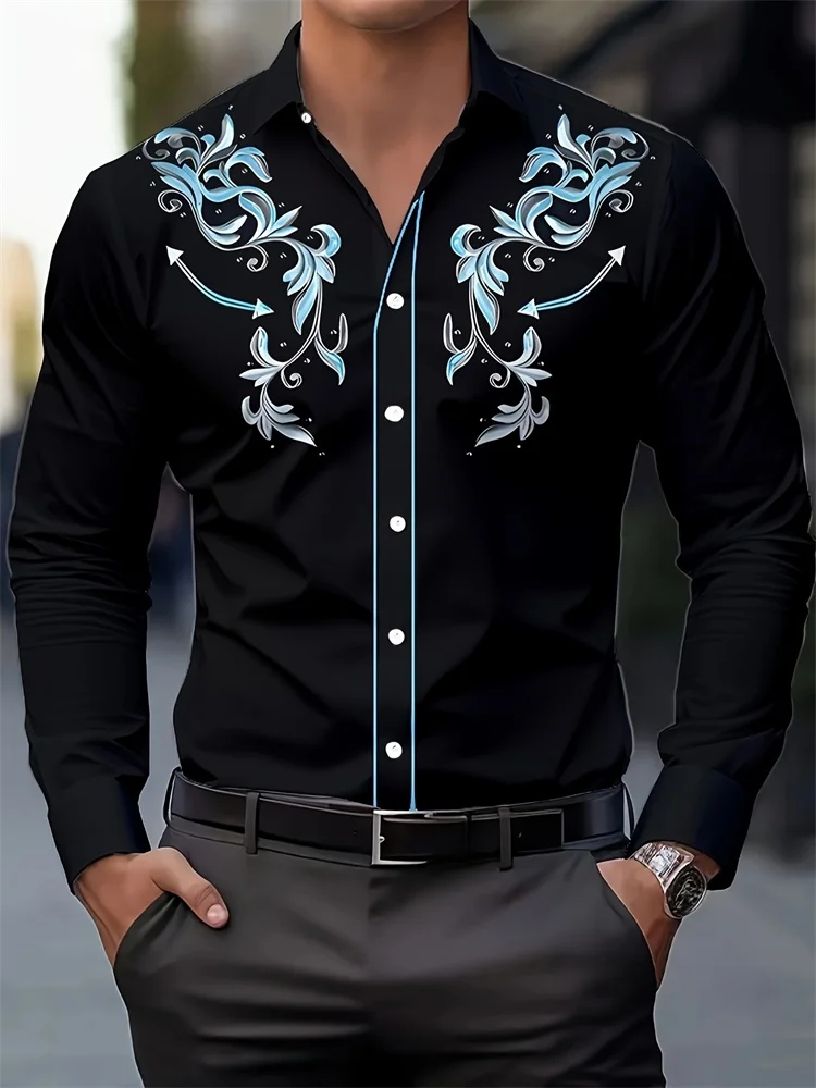 

3D Vintage Print Men's Casual Fashion Long Sleeve Shirt Western Cowboy Style Men's Shirt Outdoor Street Men's Lapel Shirt tops