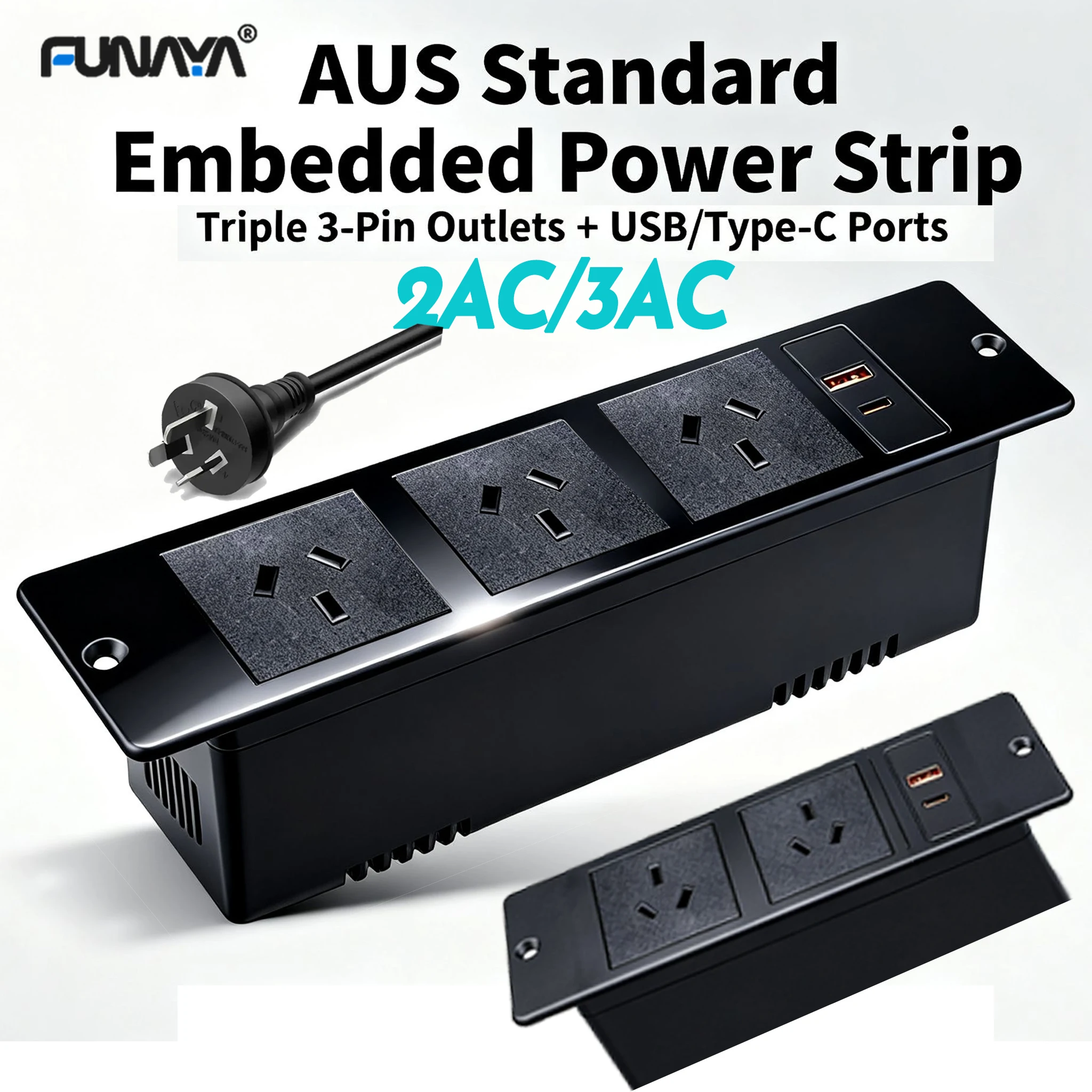 FUNAYA Embedded AU Countertop Socket with USB A C Built-in Desktop Recessed Outlets AUS NZ Hidden Furniture Extension Power Plug