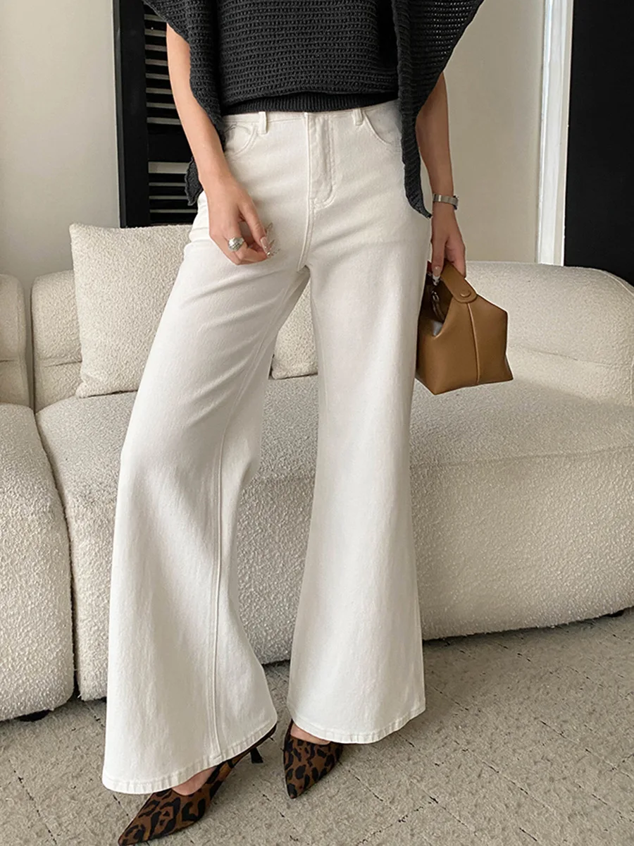

Spring women's casual solid color French retro high waist slimming loose wide leg slightly flared jeans