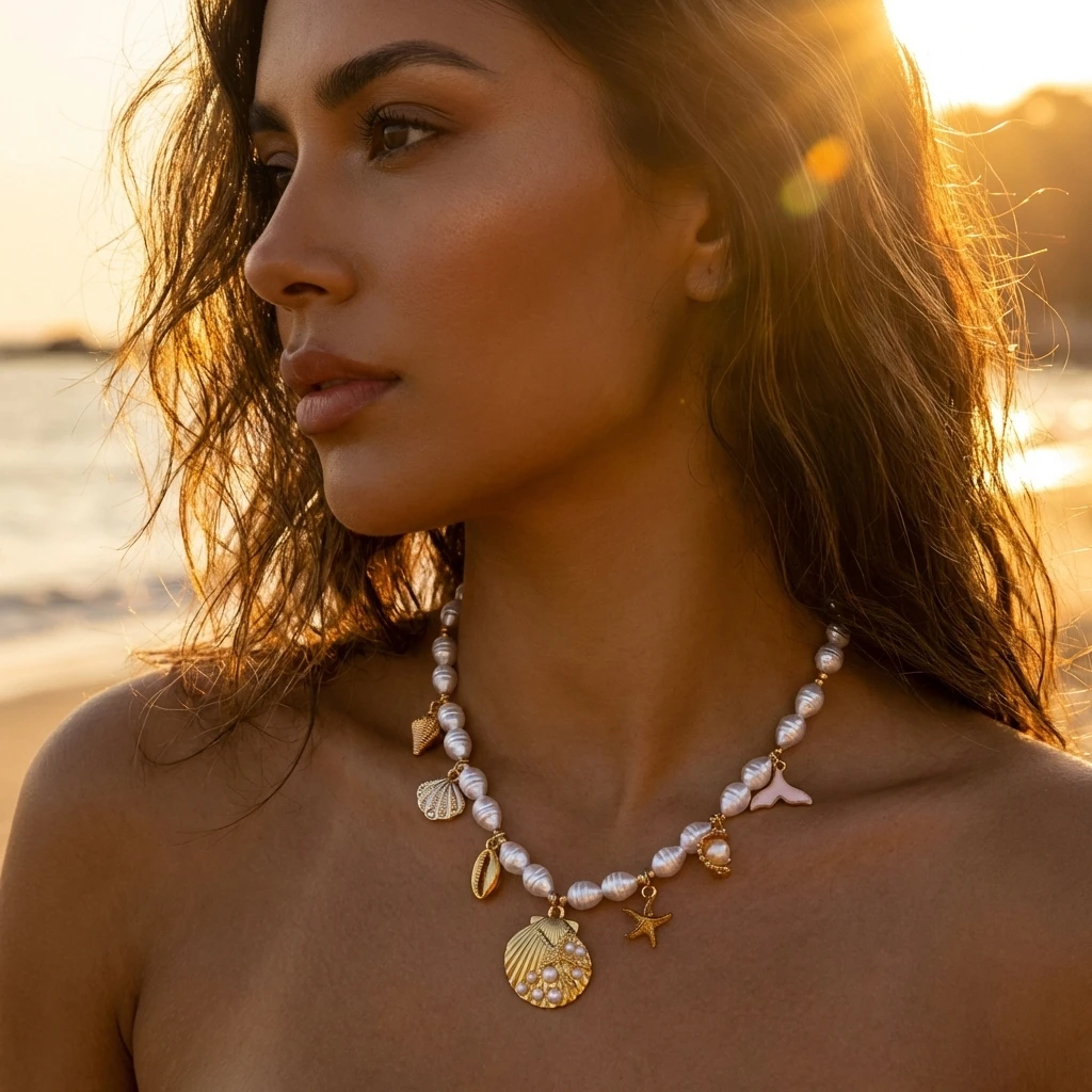 

Statement Shell Choker Necklace for Women Chunky Lustrous Bead Ocean Charm Collar Summer Beach Vacation Resort Jewelry
