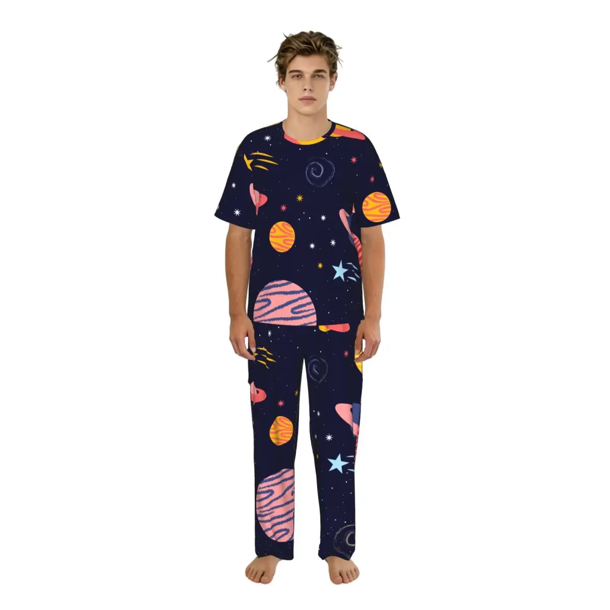 

Мужской пижамный комплект с красочным принтом «Галактика», с коротким рукавом, для весны и лета, домашняя одежда для сна, мужская ночная одежда