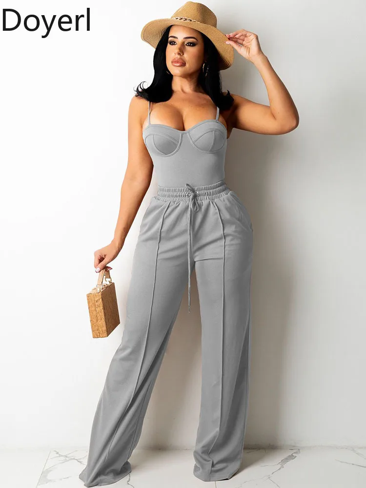 Doyerl solide décontracté 2 pièces ensemble femme vêtements Spaghetti sangle haut sans bretelles et cordon jambe large pantalon correspondant ensembles tenues