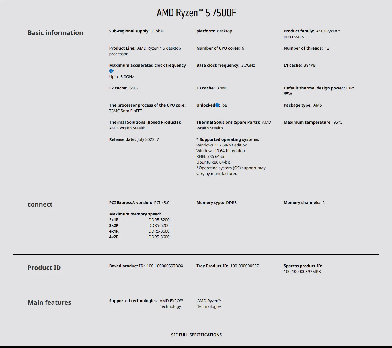 AMD Ryzen 5 7500F Processor 5GHz 6-Core 12-Thread 38MB Game Cache 5NM TDP 65W Socket AM5 Gaming CPU Without Graphics