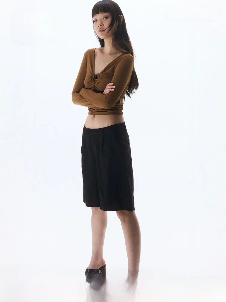 

H&M Women's Casual Trousers Spring Linen Blend Knee-Length Commute Faion orts Straight Leg Pants l Waist