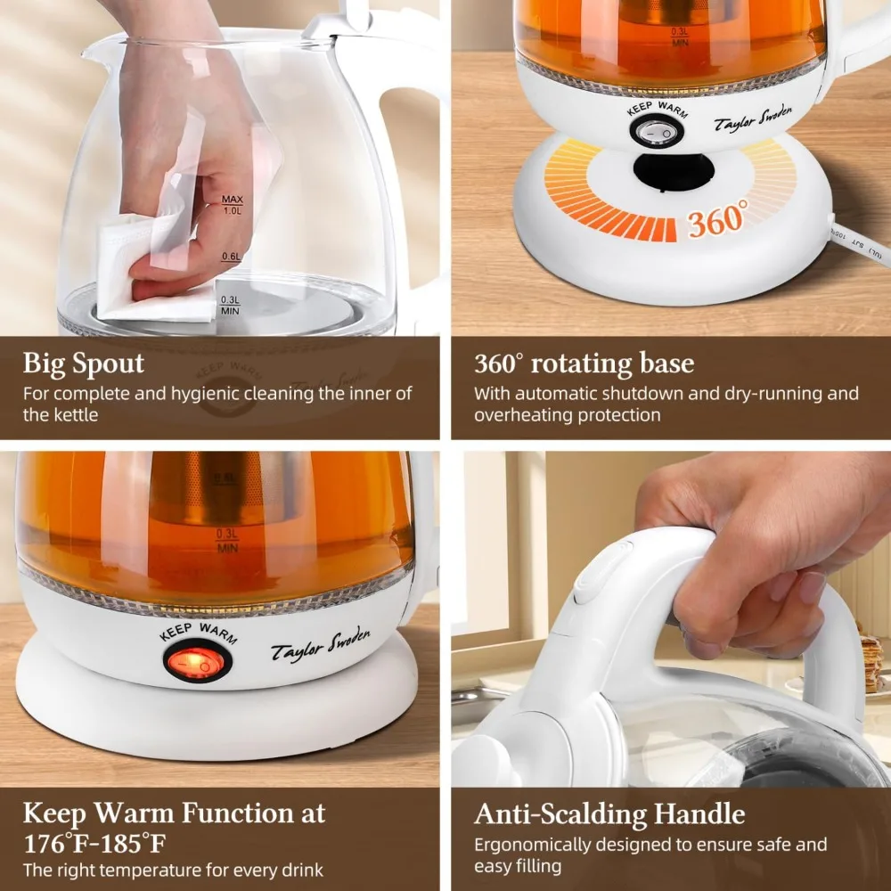 غلاية كهربائية سعة 1 لتر مع مصفاة شاي، وظيفة الدفء، ضوء LED، إيقاف تلقائي وحماية من الغليان الجاف، خالية من مادة BPA باللون الأبيض