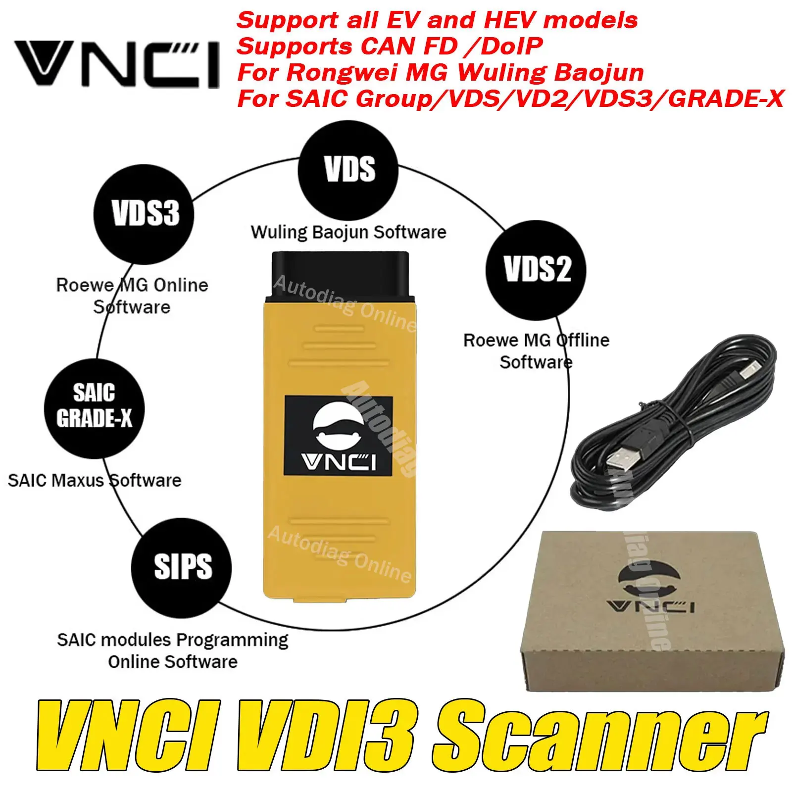 VNCI VDI3 Scanner For Rongwei MG Wuling Baojun Support DoIP CANFD for SAIC Group/VDS/VD2/VDS3/GRADE-X VDI3 For Datong Scanner