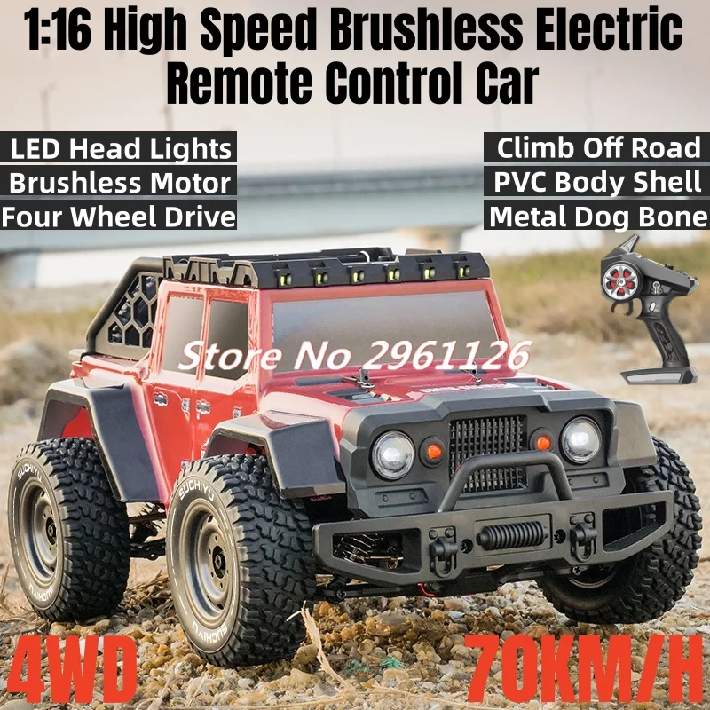 70KM/H High Speed Electric Remote Control Car 2.4G 4WD 1:16 LED Headlights Vehicle Crawler Climb Off Road Brushless RC Car Toy