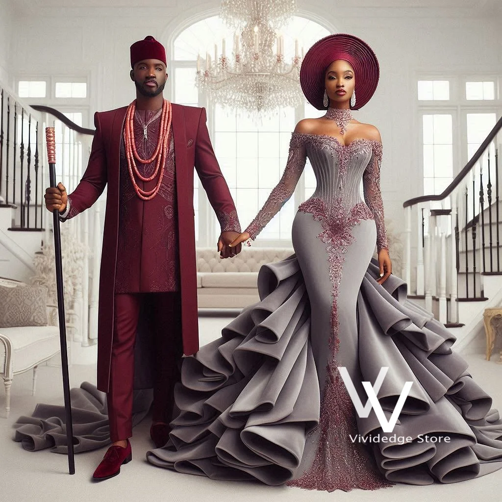 Grey Mermaid African Wedding Dress 2026 woman Off Shoulder Long Lace Sleeve Lace Bead Nigerian Traditional Bride Gown Customized