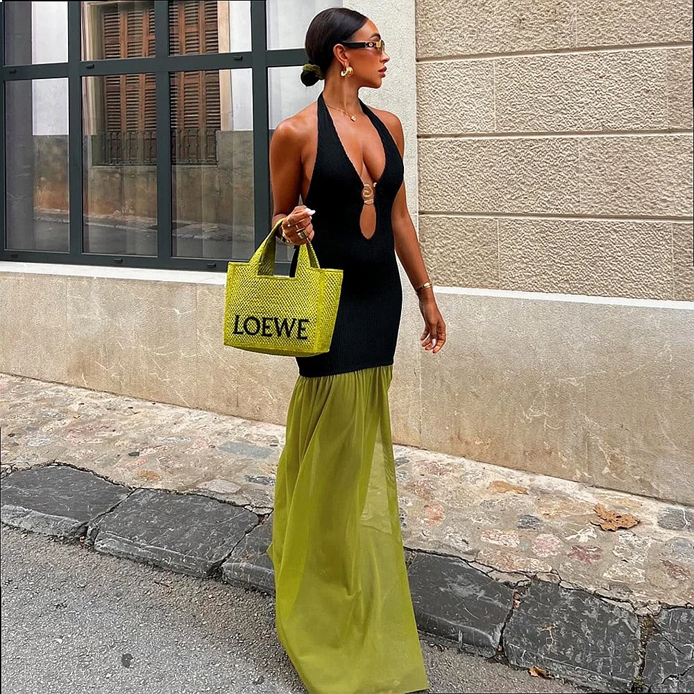 Sexy Backless Sleeveless Dress with Tie Knot Hollow Out Contrast Color Jumpsuit Playsuit Matching Set